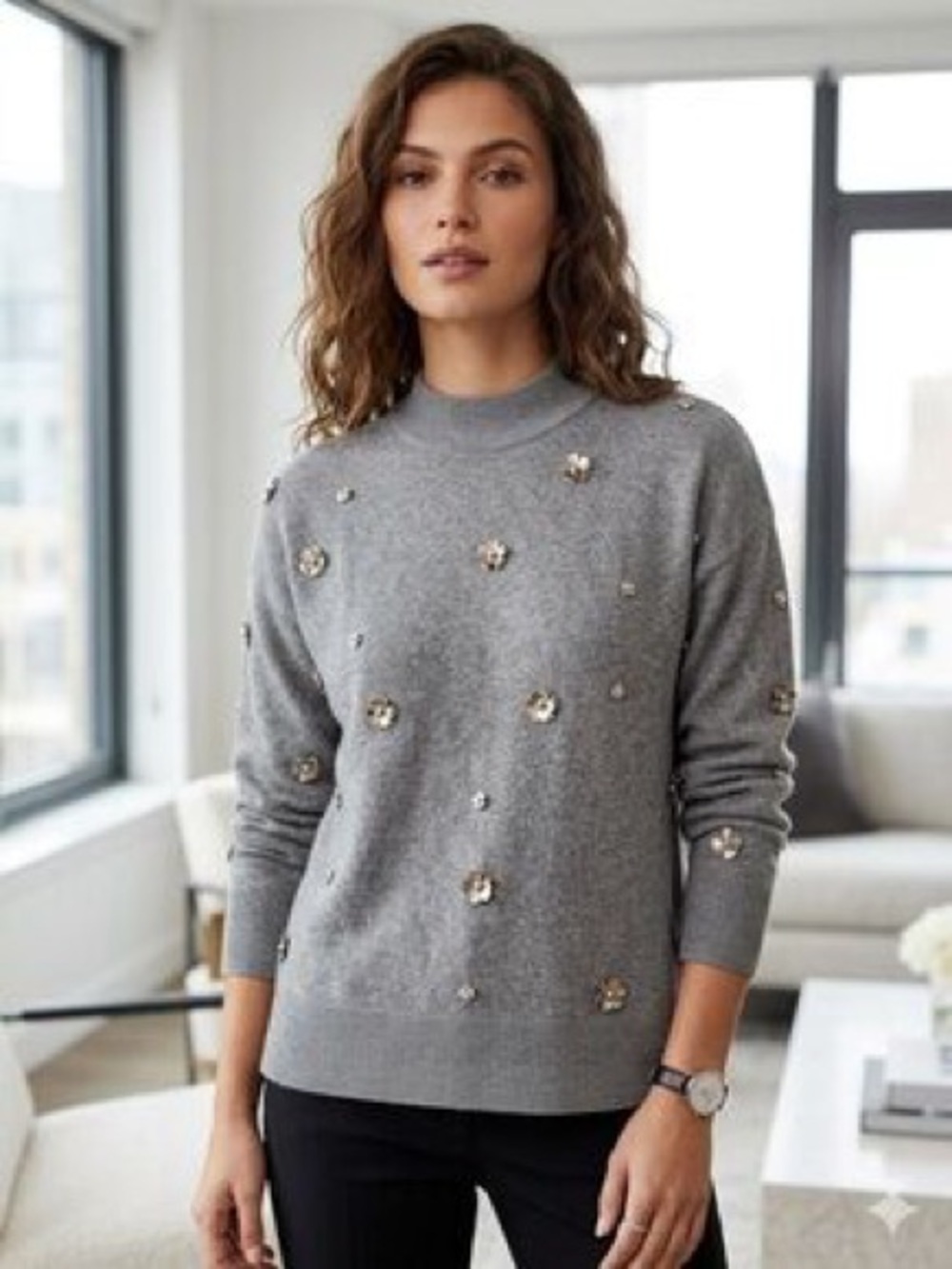 NWT Greige Gray Knit Crewneck Sweater Sequin Jewel Floral Embellished Coquette